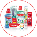 „Colgate Zahnpflege-Set mit Zahnbürste, Zahnpasta, Mundspülung & Zahnseide – für tägliche Mundpflege. Link zu Colgate Markenseite/Alle Produkte.